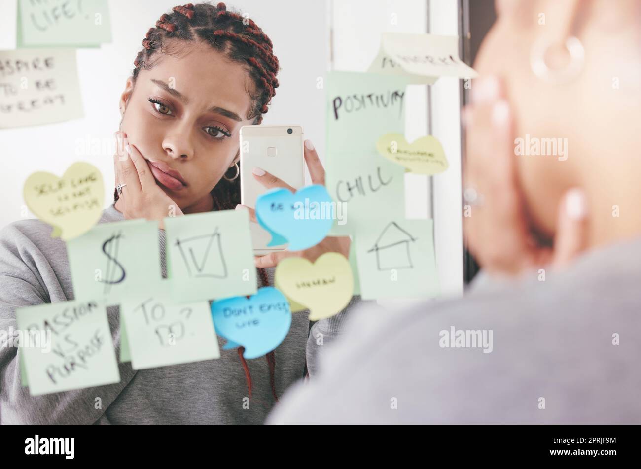 Sad, depression and anxiety woman selfie with phone and reading sticky