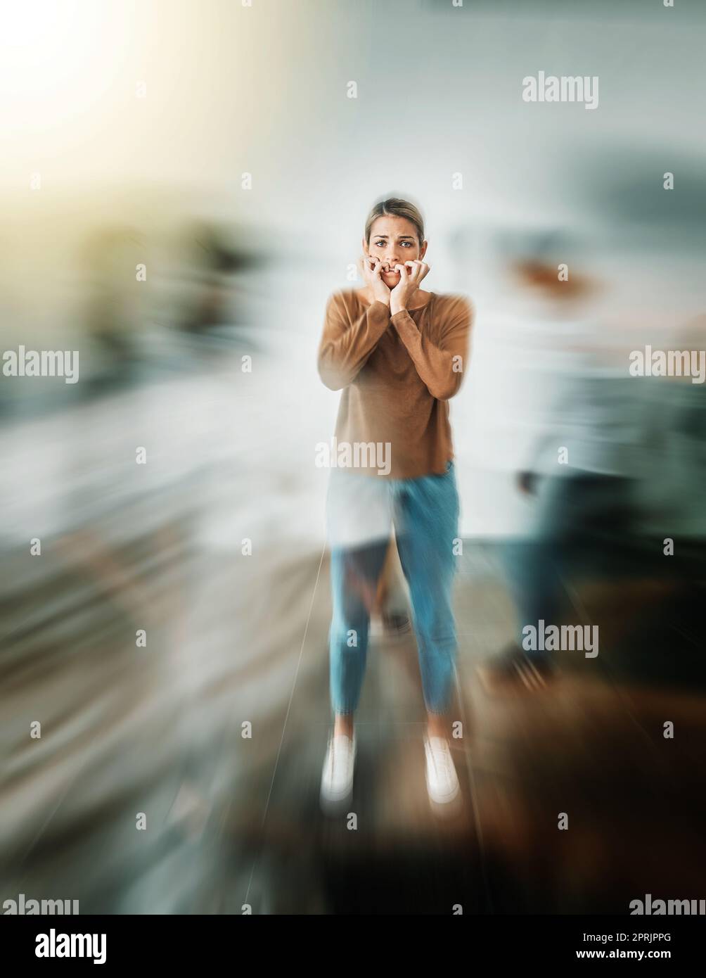 Woman, anxiety and mental health in motion blur for stress, insane or schizophrenia. Girl, scared and fear in eyes with depression, paranoid or need h Stock Photo