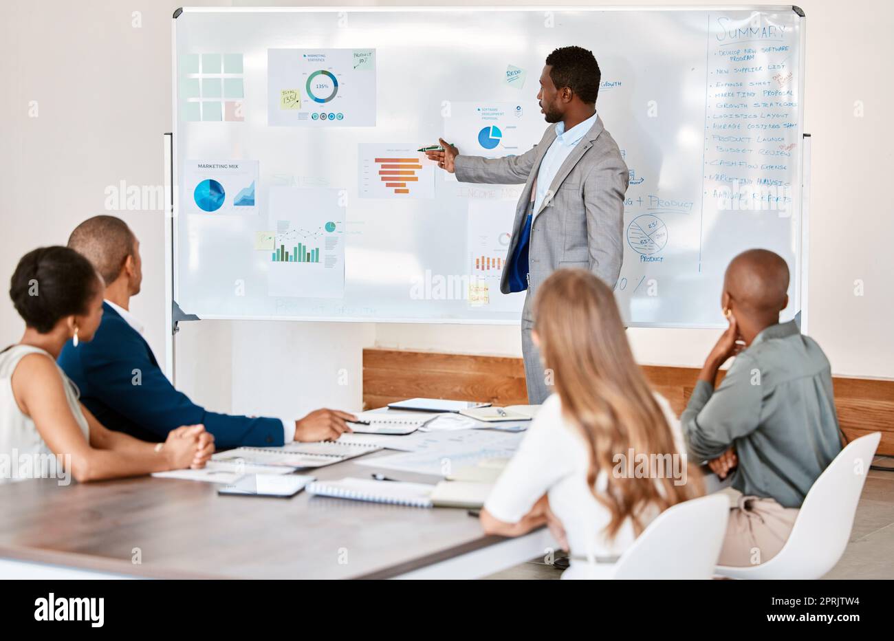 Presentation, training and workshop with a leader, manager or CEO and his team meeting in the boardroom. Teamwork, strategy and planning for the growth, development and mission of their company Stock Photo