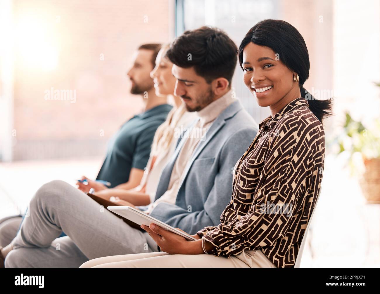 Business people, digital agency and interview with black woman in corporate, hiring or onboarding company. Recruitment, motivation and training with employees in seminar, conference or workshop Stock Photo