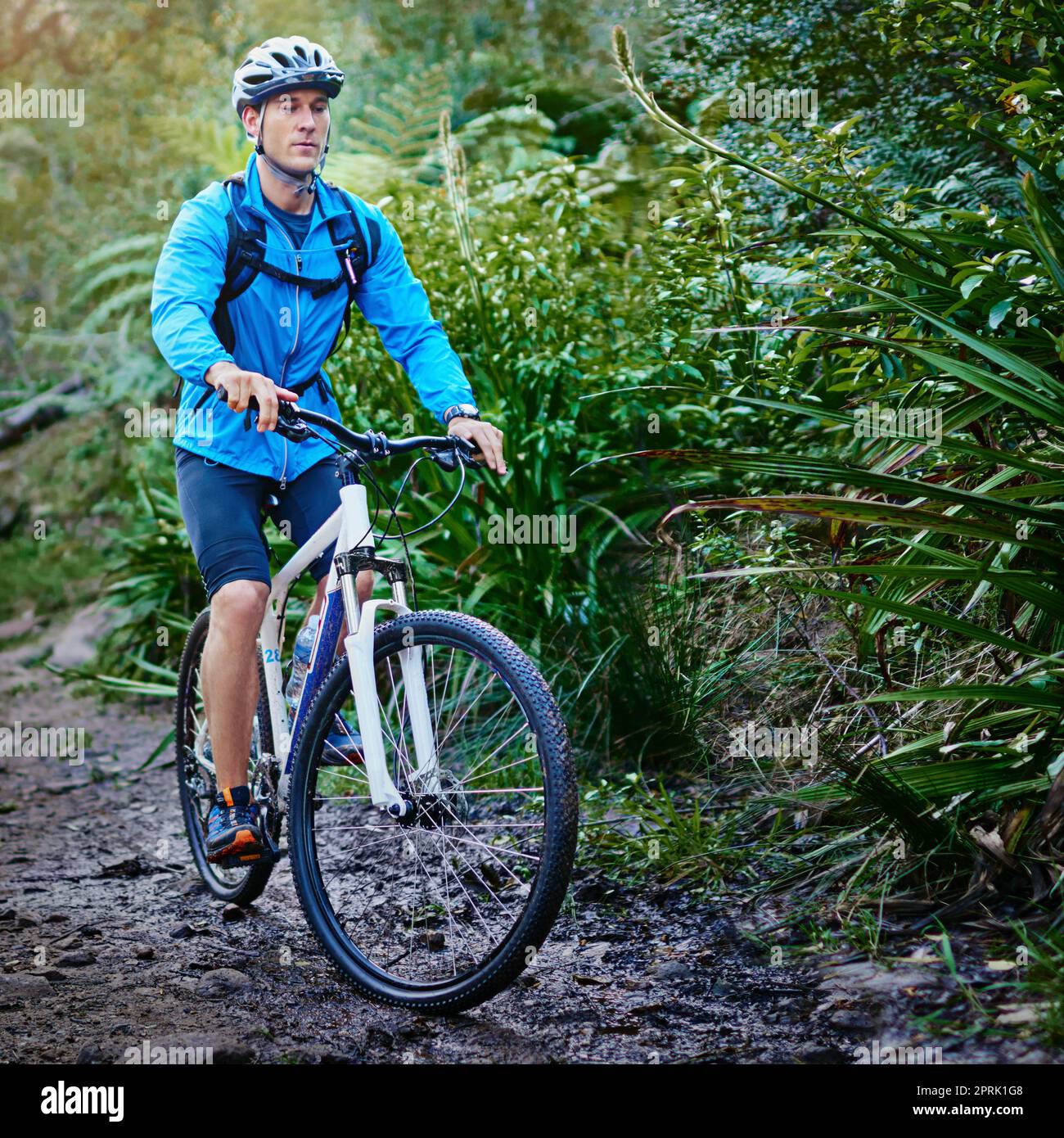 Mountain biking- his favorite weekend activity. a male cyclist riding along a mountain bike trail. Stock Photo