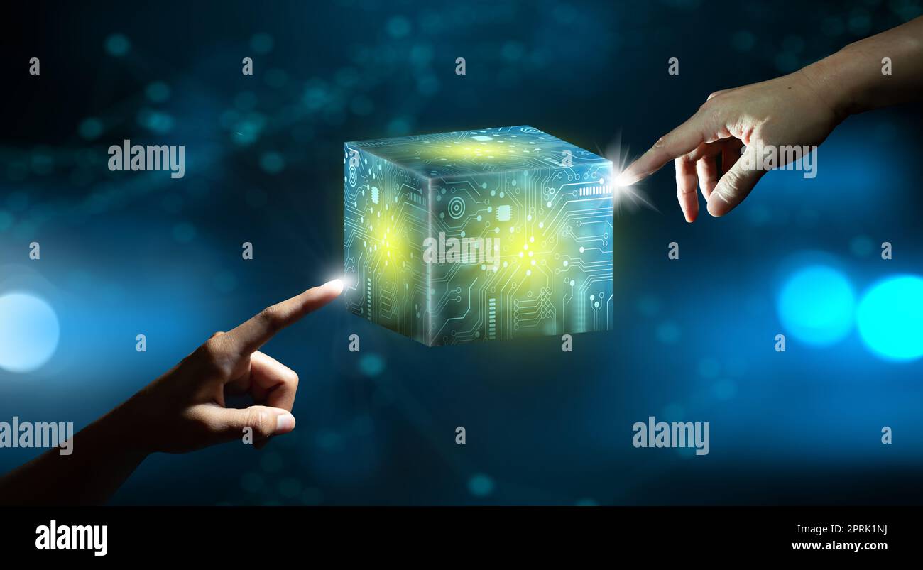Businessman hands pointing Cube technology with Abstract blue background. Blockchain Network System. Big data storage processing, Cloud data, Internet Stock Photo