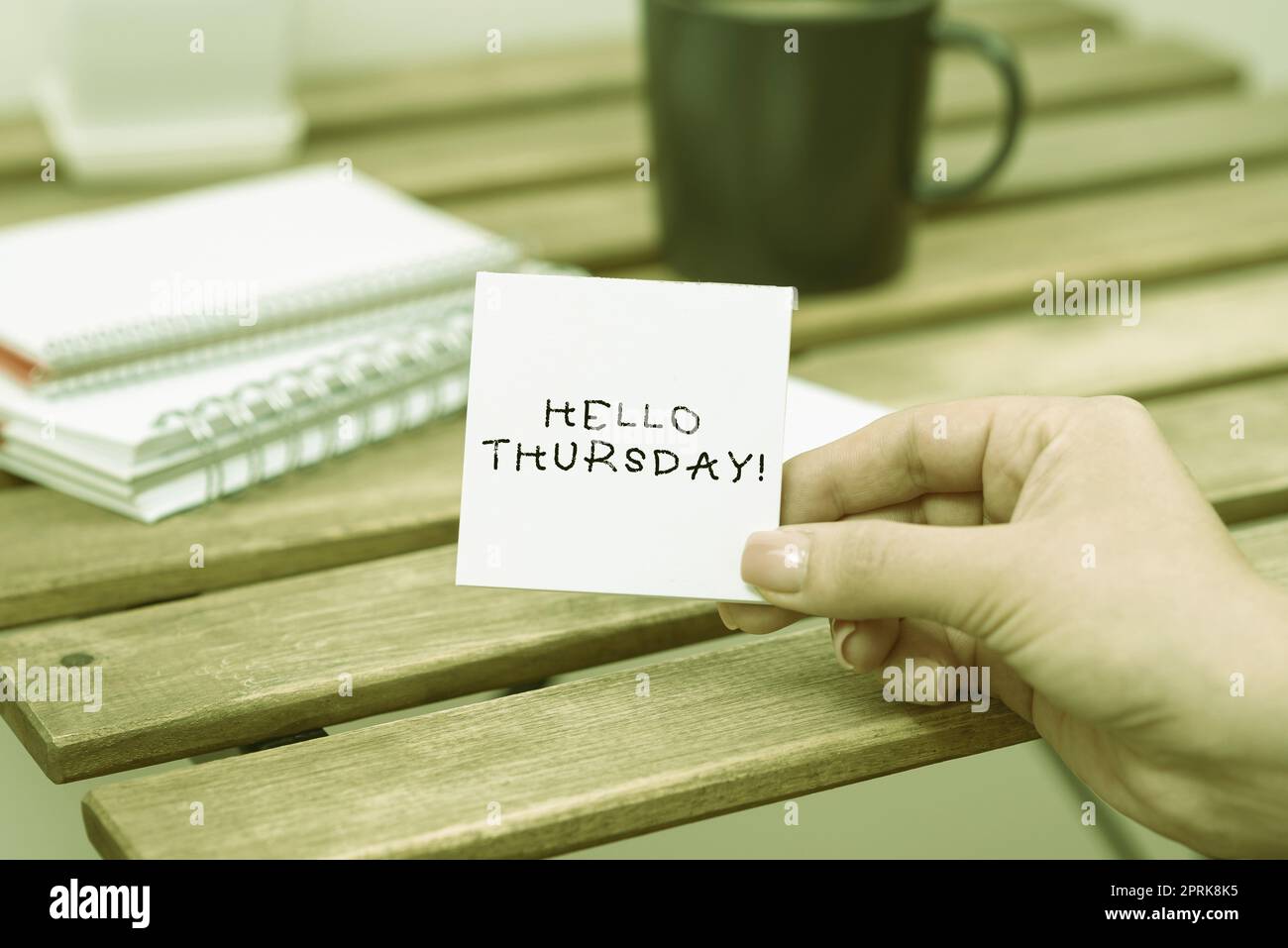 Conceptual caption Hello Thursday, Word for a positive message as the Friday s is herald passes by Stock Photo