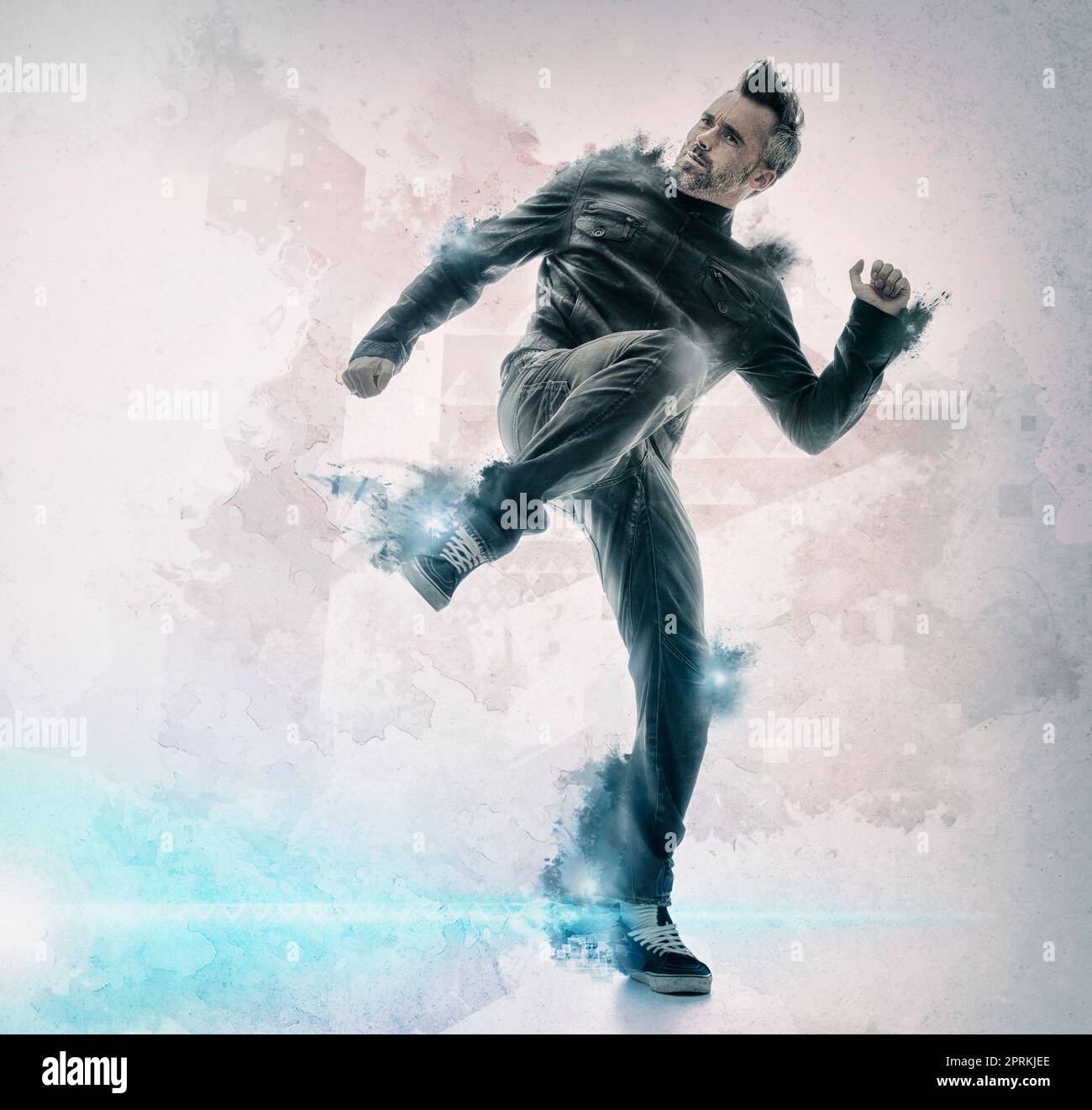 Chuck Norris has nothing on him. Studio concept shot of a mature man in motion Stock Photo