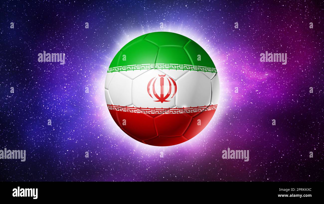 3D soccer ball with Iran team flag, football 2022. Space background