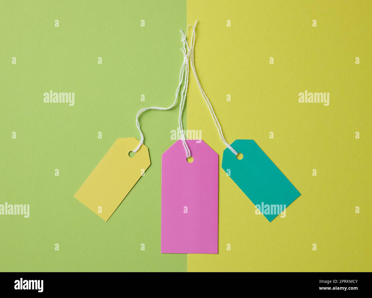 Empty paper tags on a rope, green background. Price template, top view