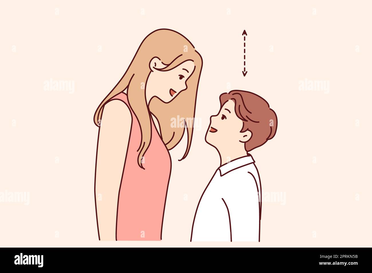 Couple with different height look in eyes. Tall woman and short