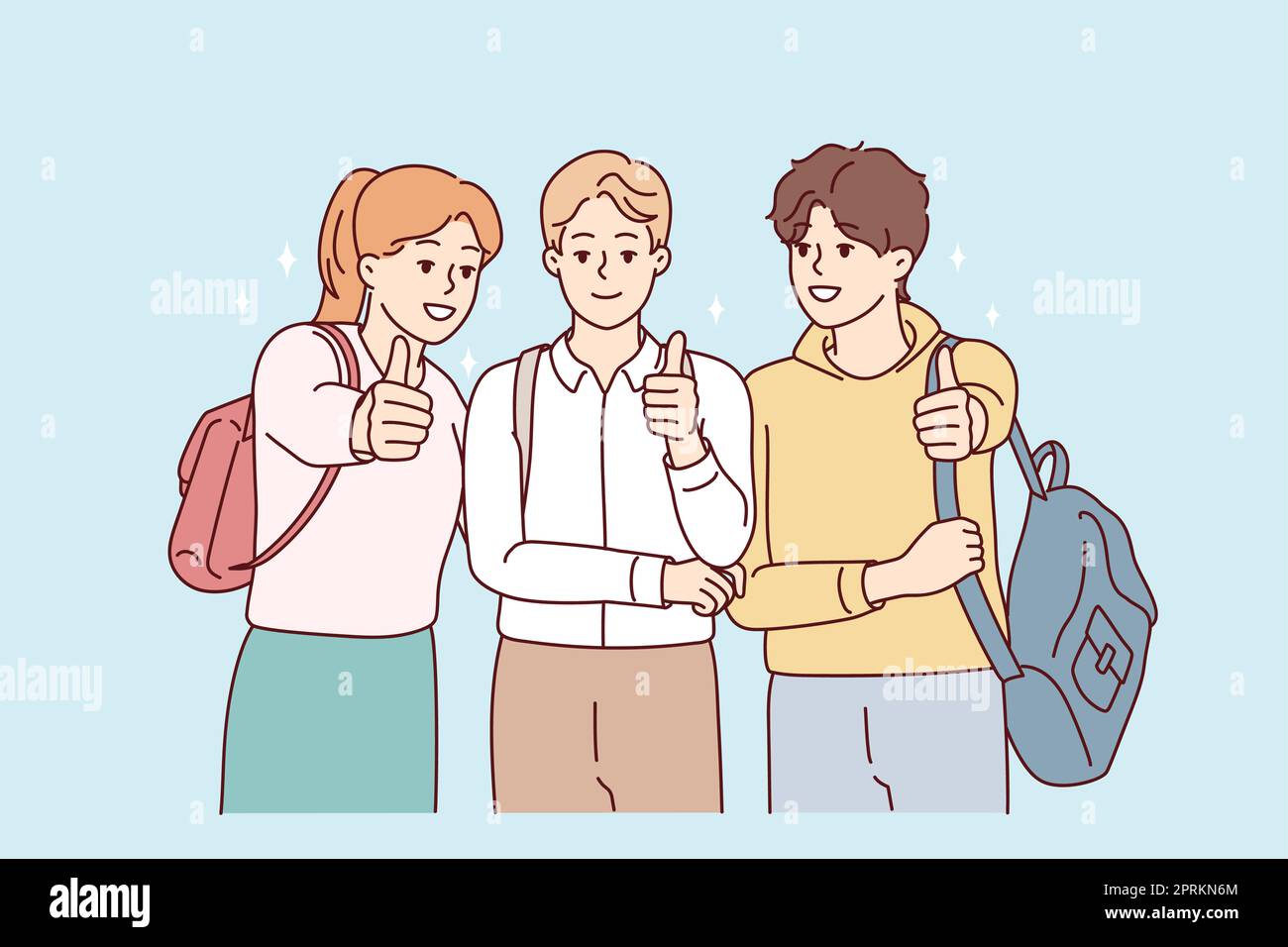 Portrait of happy students with backpack posing together showing thumbs ...