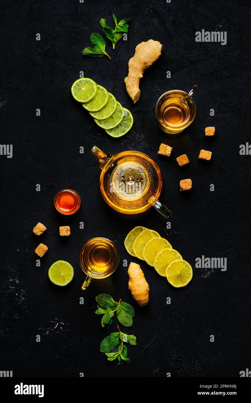 Composition with tonic drink with ginger, lemon, honey and mint Stock Photo