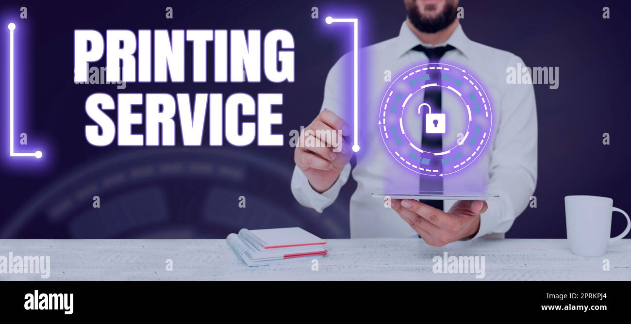 Hand writing sign Printing Service, Business concept conversion of raw