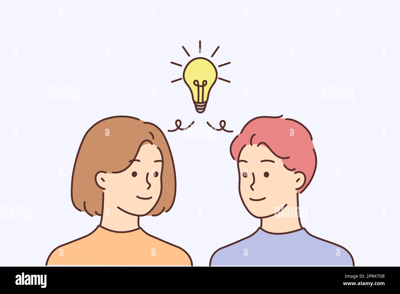 Man and woman with lightbulb above head generate business idea together ...