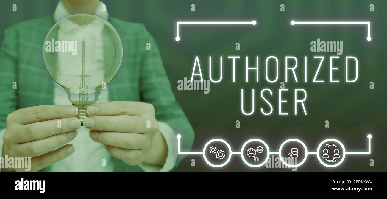 Text caption presenting Authorized User, Business approach create extra exact copies of files or entire computers Woman With A Light Bulb Image In A G Stock Photo