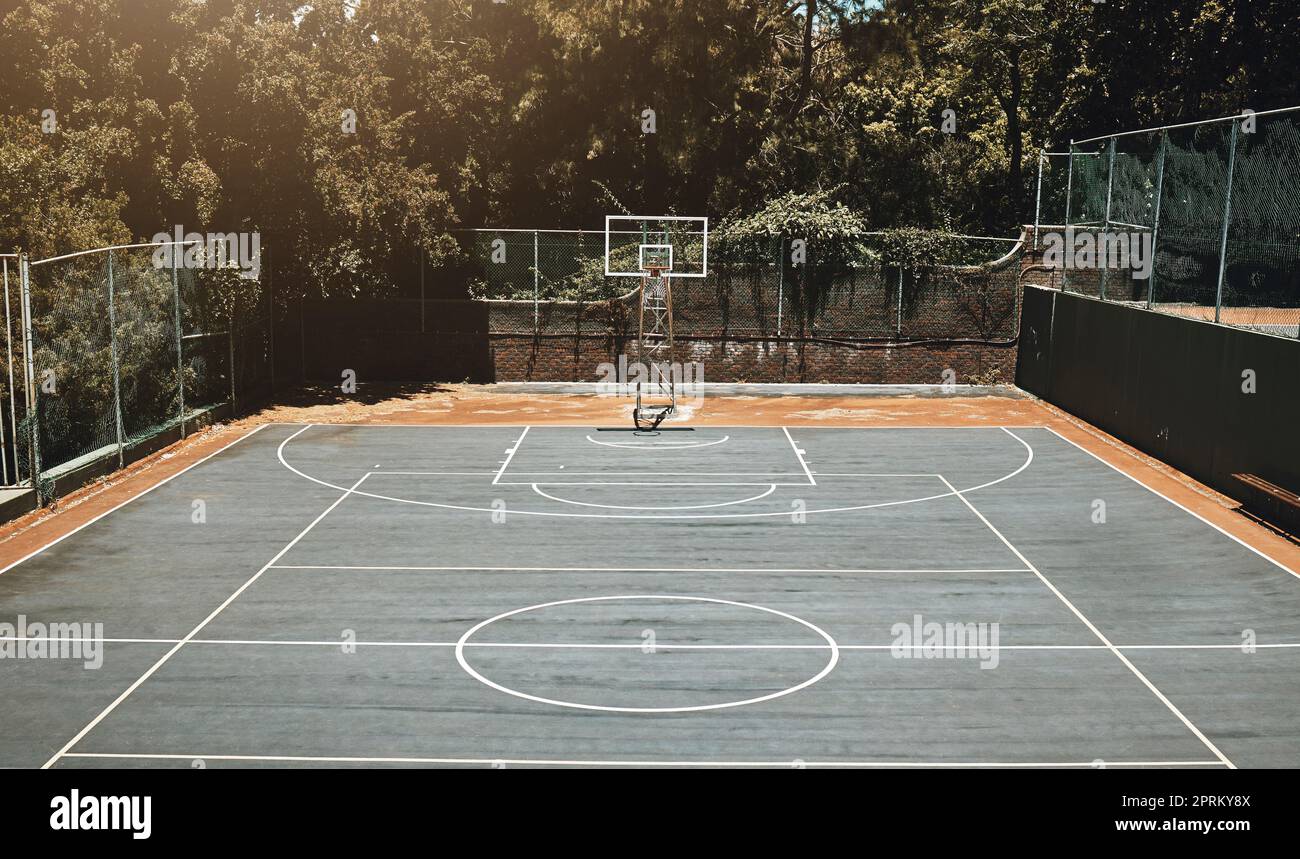 Empty basketball court, field or training ground for match, game or