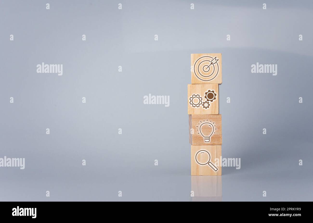 Wood cube block stacking with icon.Concept of business strategy and ...