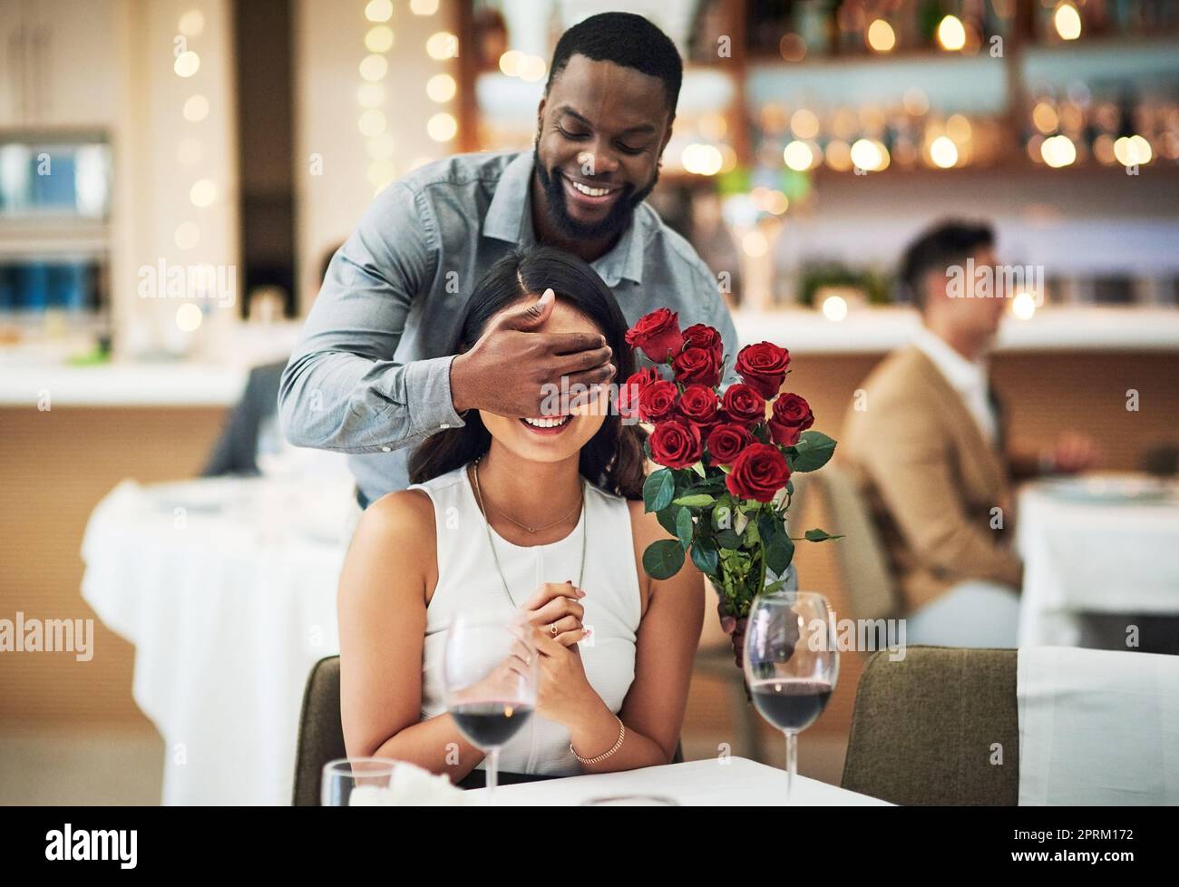 Surprising girlfriend with sales flowers