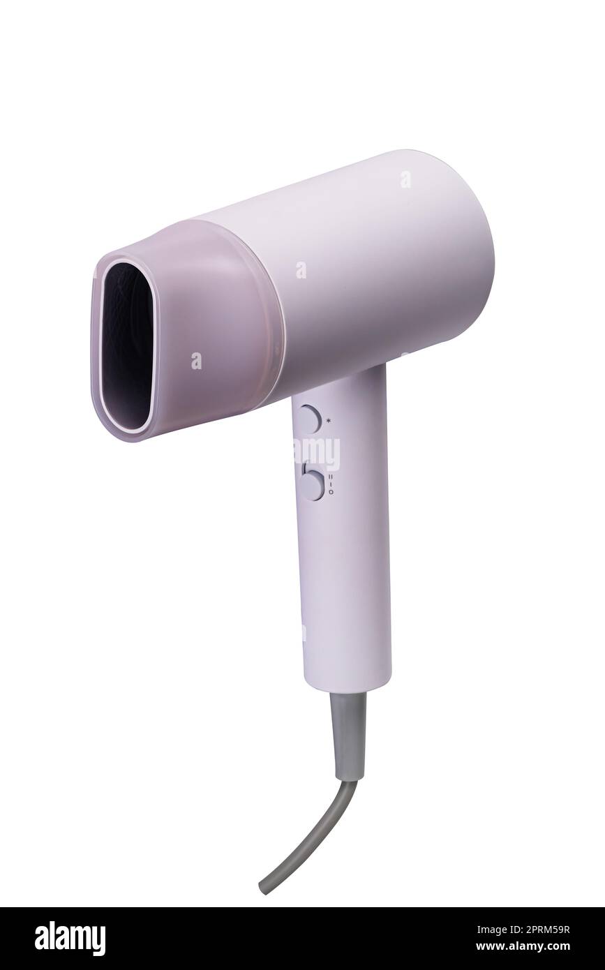 Compact single new white hair dryer and nozzle isolated on white