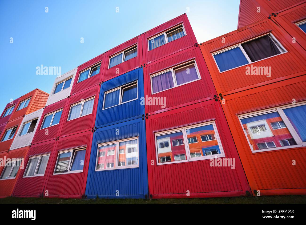 Colourful converted shipping container units used for student housing in Amsterdam Buiksloterham district. Stock Photo
