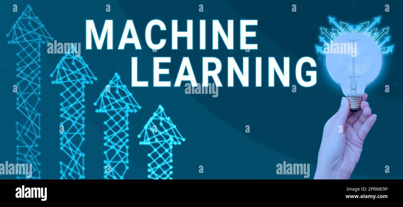 Conceptual caption Machine Learning, Word for the concept that a computer can learn new data itself Stock Photo