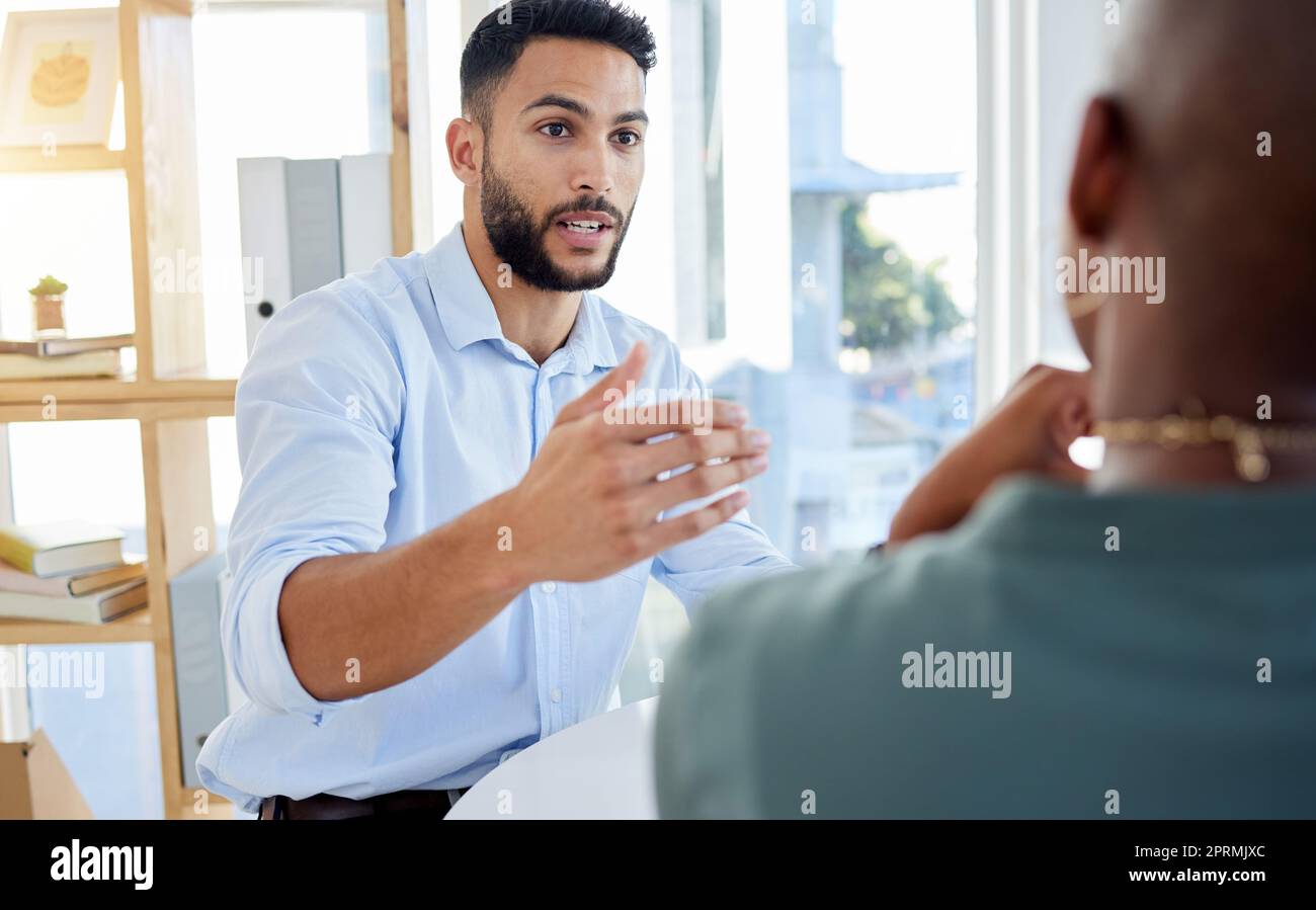 Corporate strategy, leadership vision and company innovation of business team conversation. Financial Egyptian business man planning, working on a b2b client project for finance economy growth Stock Photo