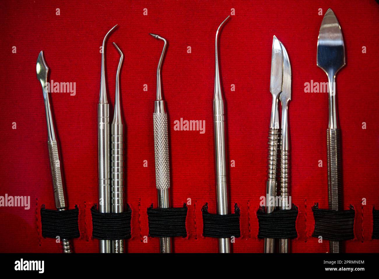 Close up shot of a collection of dental medical equipment tools Stock