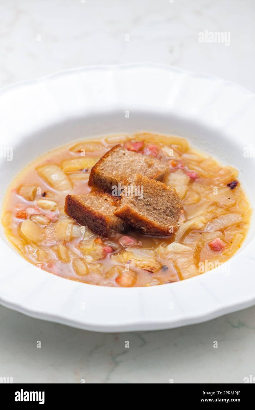 onion soup with roasted bread Stock Photo