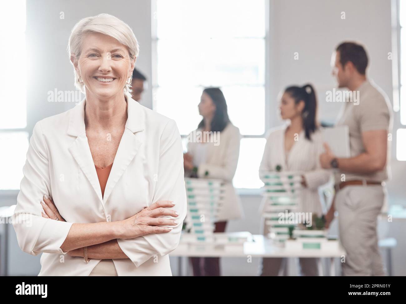 Engineer, architect or portrait of woman worker with smile in creative architecture training, business meeting and planning in workshop. Support, collaboration and teamwork at a coaching tradeshow. Stock Photo