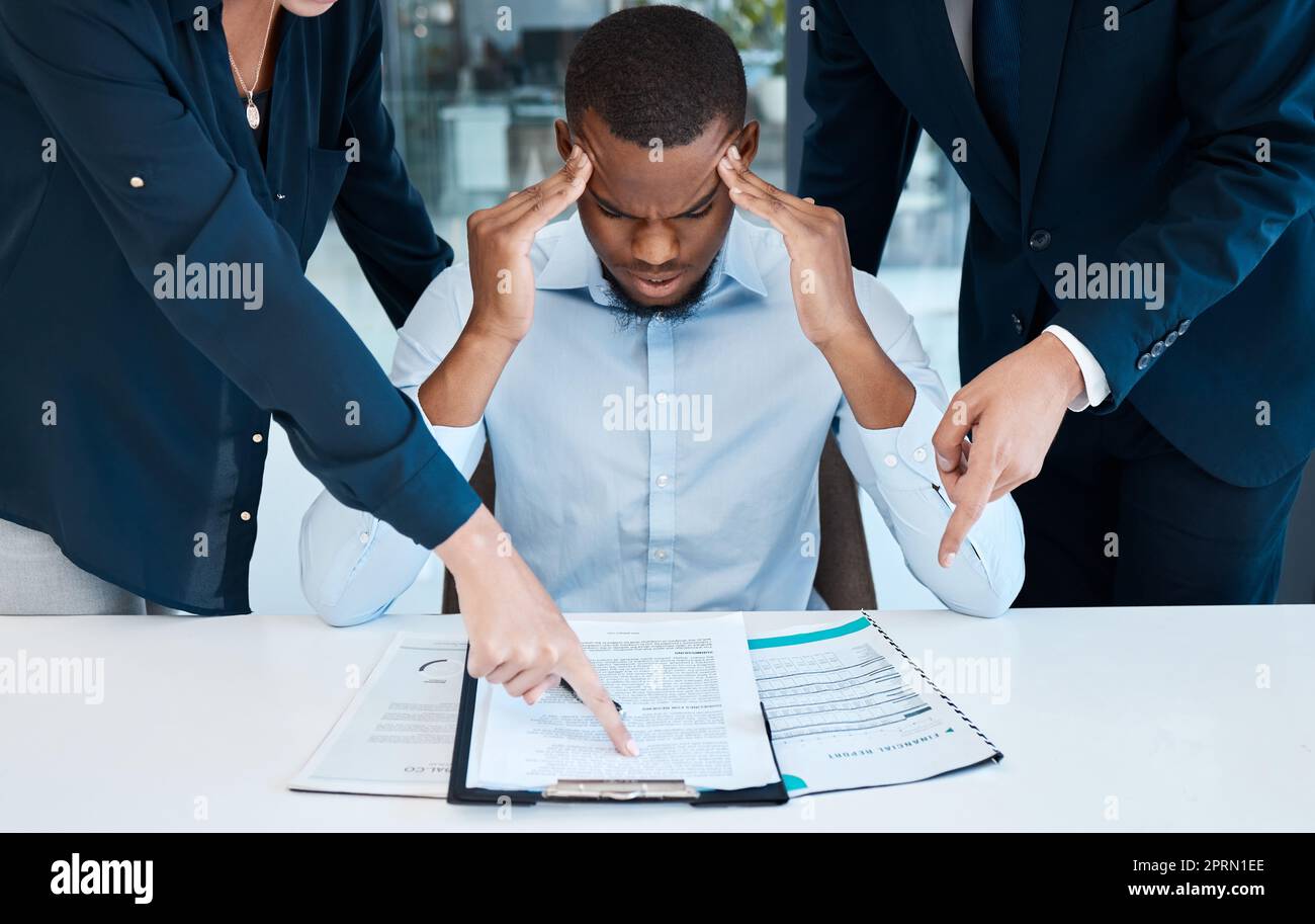 Stress, overload and headache with businessman and burnout, overworked and pressure at corporate company. Frustrated, anxiety and mental health with black man overwhelmed with too much work Stock Photo