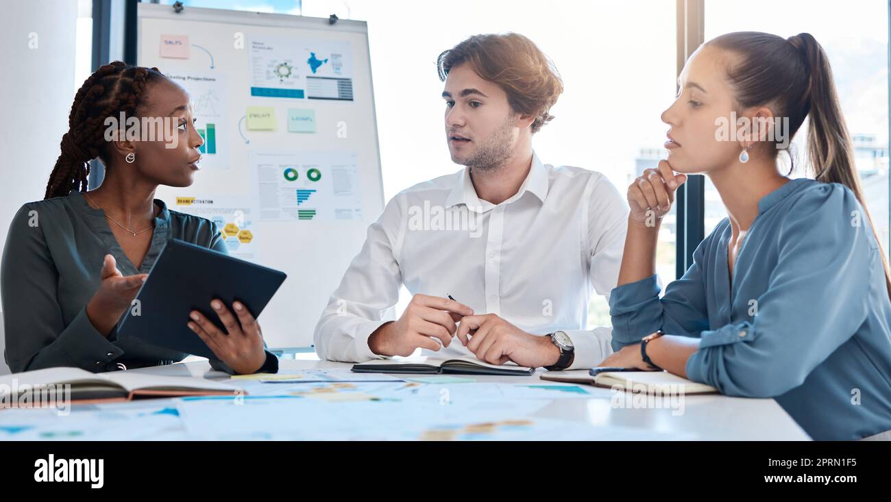 Teamwork collaboration, business planning and diversity team in a office strategy meeting. Corporate staff working with job idea communication together thinking of company marketing project ideas Stock Photo