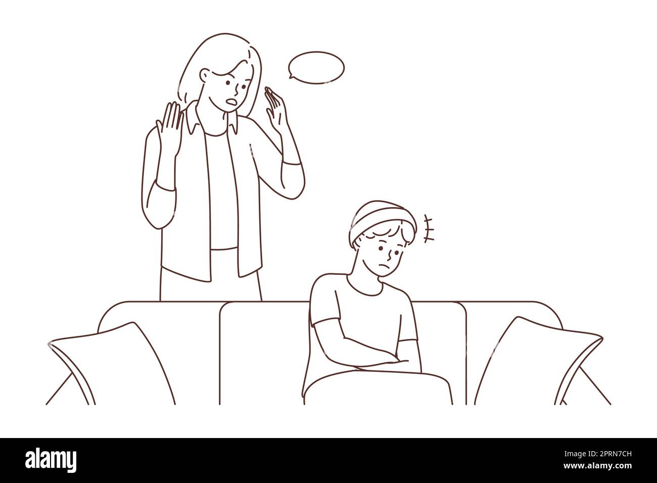 Angry mother lecturing teen child sitting on sofa at home. Mad mom talking scolding teenager, having fight or misunderstanding. Generation gap. Vector Stock Photo