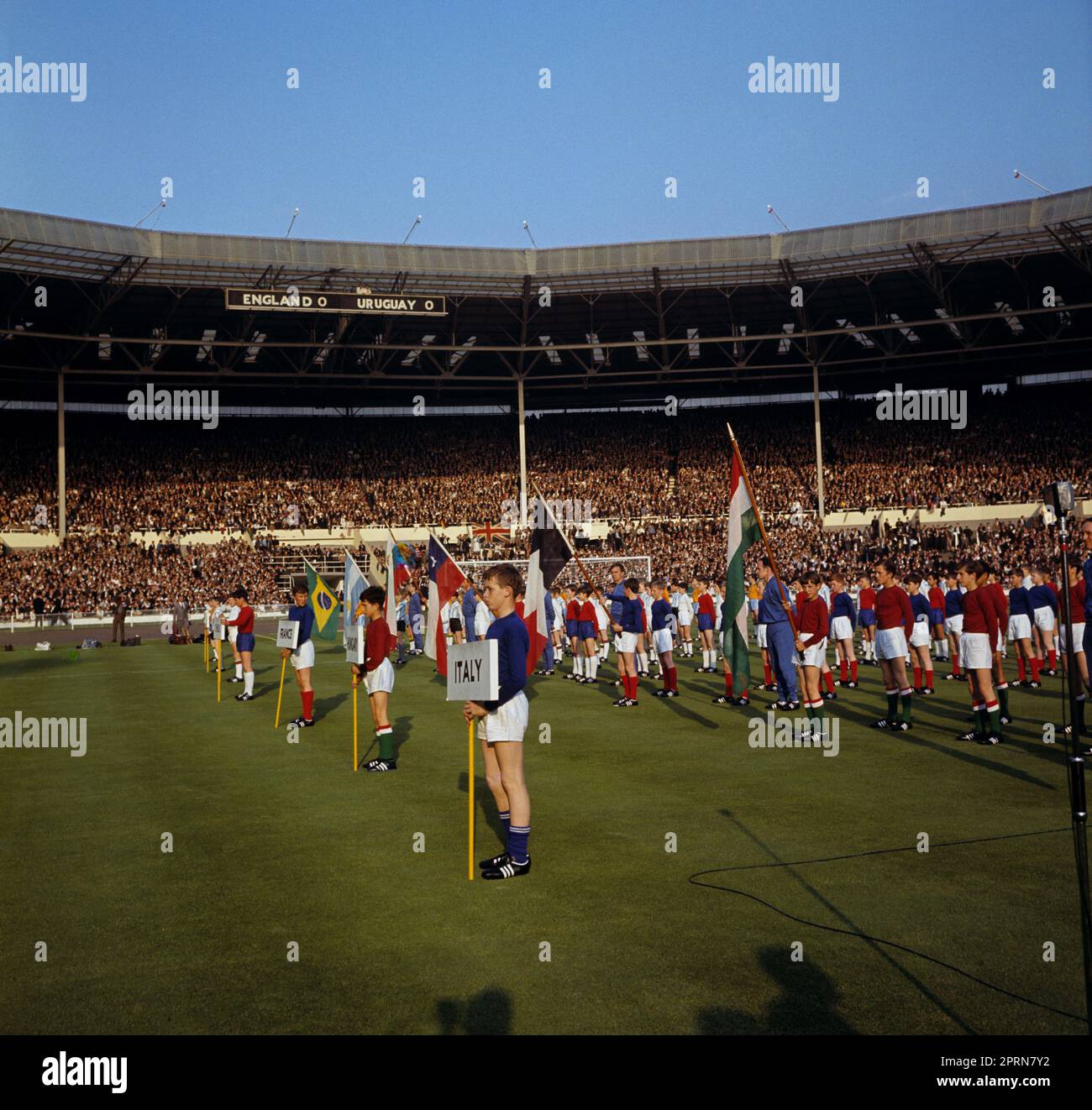 File photo dated 11-07-1966 of Schoolboys dressed in the kits of the competing nations line up on the Wembley pitch during the opening ceremony, held prior to the England-Uruguay game. Issue date: Thursday April 27, 2023. Stock Photo