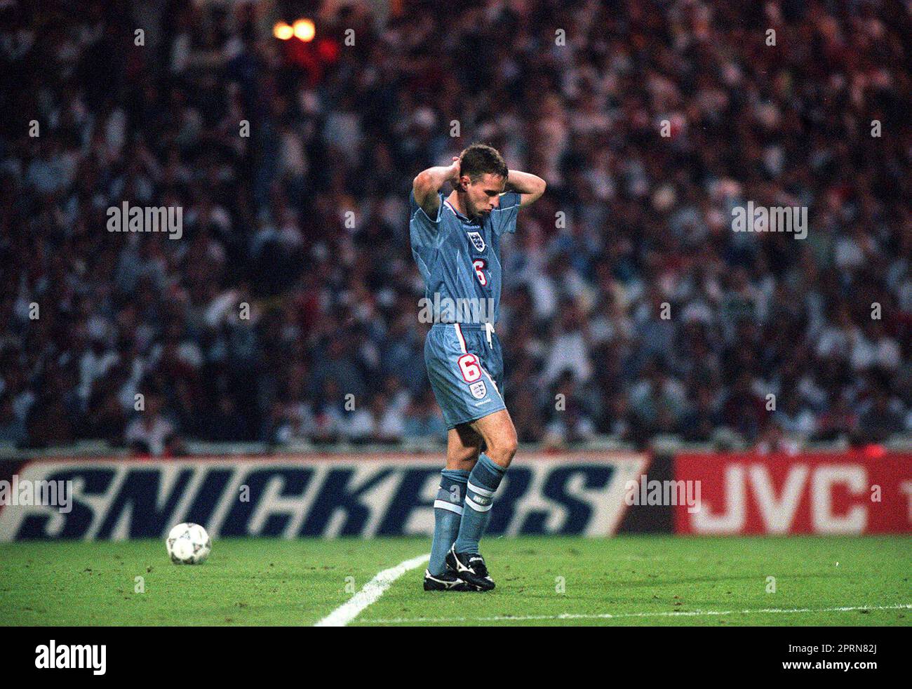 File photo dated 26-06-1996 of Gareth Southgate appearing dejected after failing to score in the penalty shoot out which ended England's chances in the Euro '96 semi-final match against Germany at Wembley. Issue date: Thursday April 27, 2023. Stock Photo