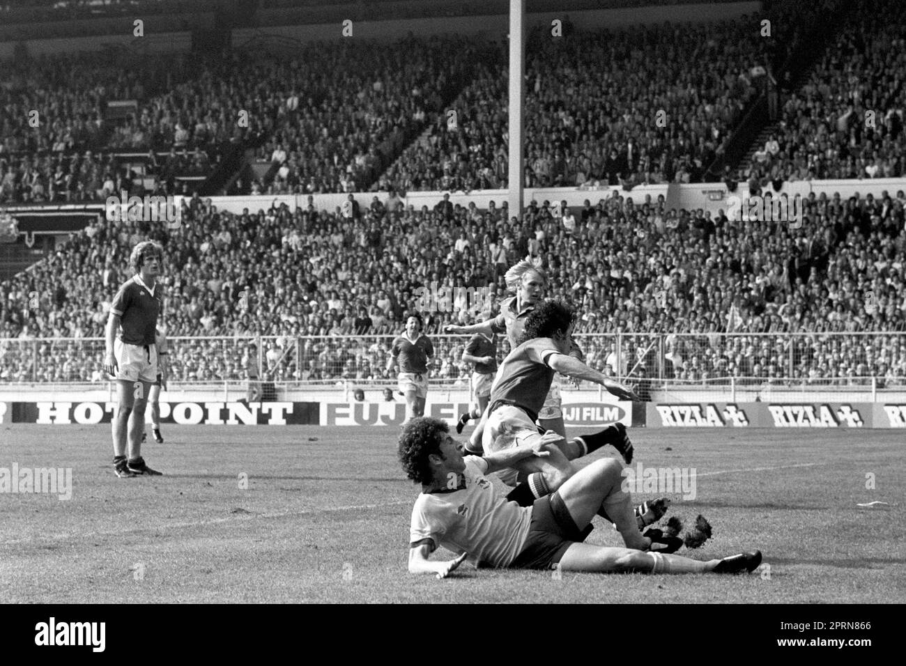 File photo dated 12-05-1979 of Arsenal's Alan Sunderland slides in to connect with a Graham Rix cross, clinching a victory for the London side with the third goal in the 89th minute, beating Manchester United 3-2, in the FA Cup Final at Wembley, in London. Issue date: Thursday April 27, 2023. Stock Photo