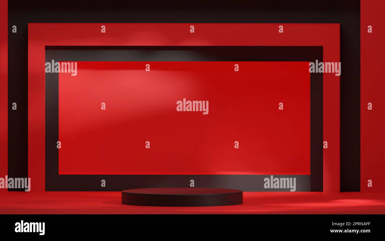 3d rendering abstract room with realistic black cylinder podium, red ...