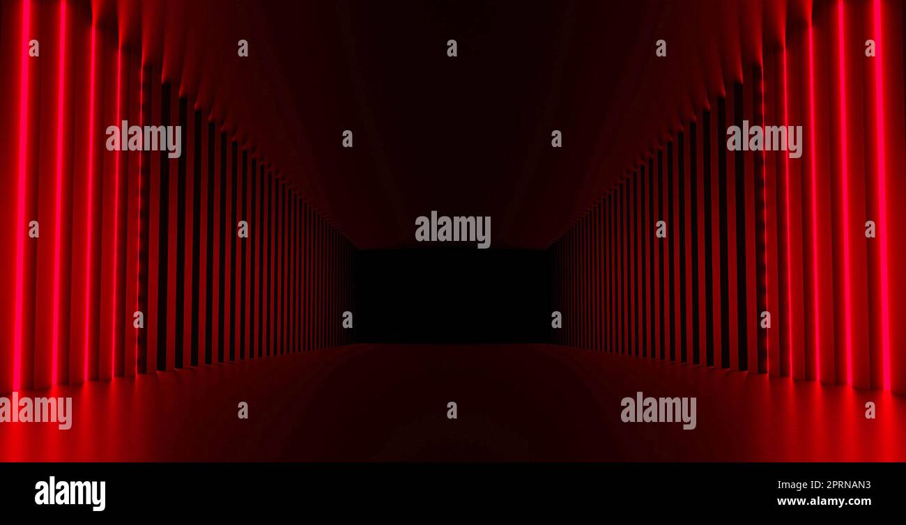 Futuristic sci-fi abstract red neon light shapes on black background ...