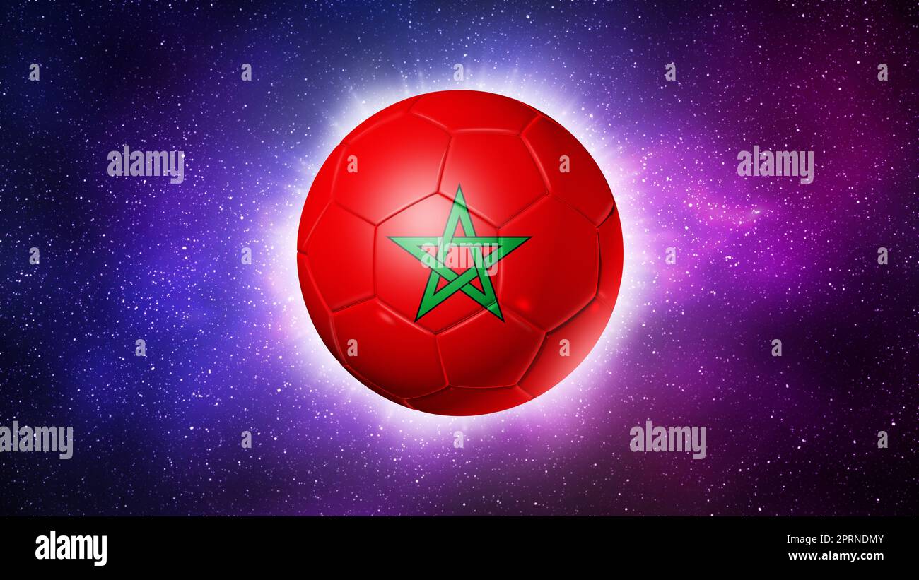 3D soccer ball with Morocco team flag. Space background. Football 2022