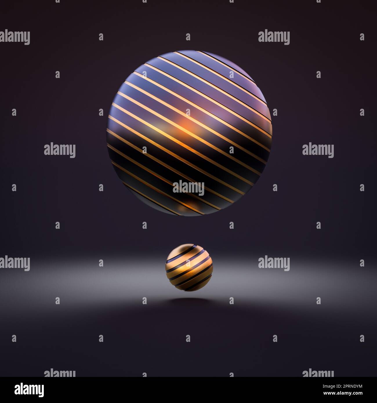 dark background with gold and black spheres with grooves. 3d render ...