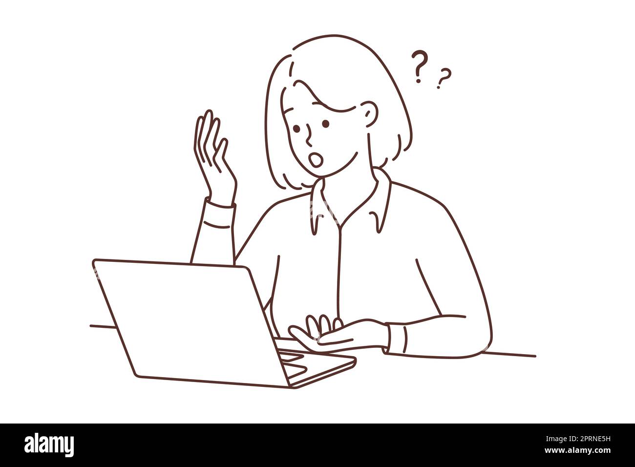 Frustrated woman look at laptop screen shocked with online problem. Unhappy female confused with unexpected notification on computer. Vector illustrat Stock Photo