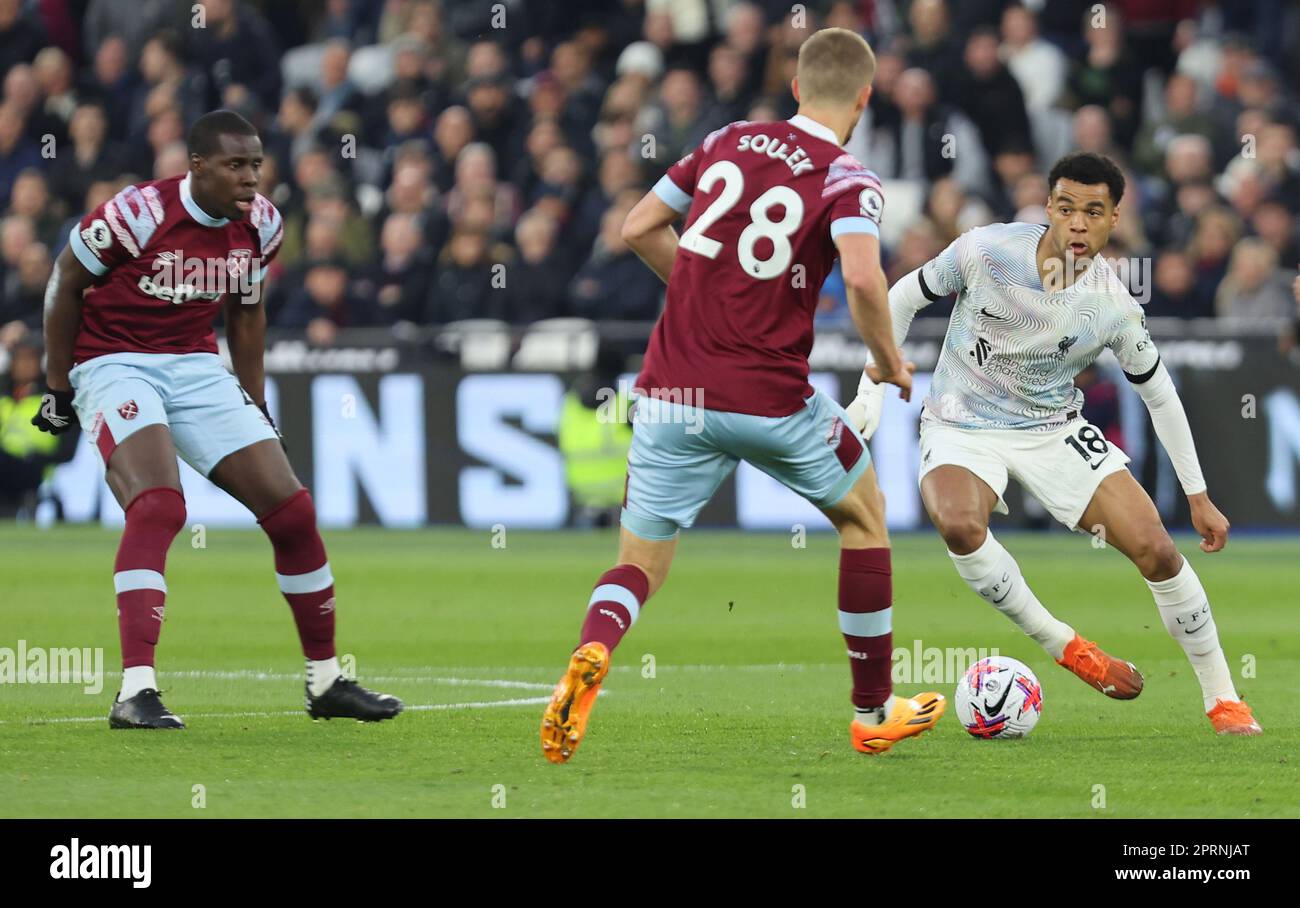 Liverpool's Cody Gakpo during English Premier League soccer match between West Ham United against Liverpool at London stadium, London on 26th April , Stock Photo