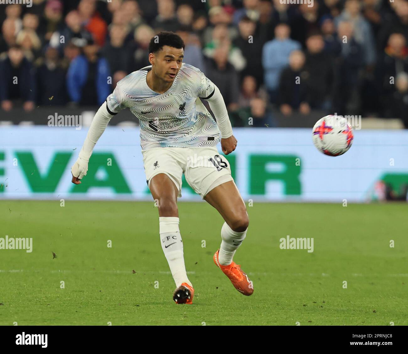 Liverpool's Cody Gakpo in action during English Premier League soccer match between West Ham United against Liverpool at London stadium, London on 26t Stock Photo