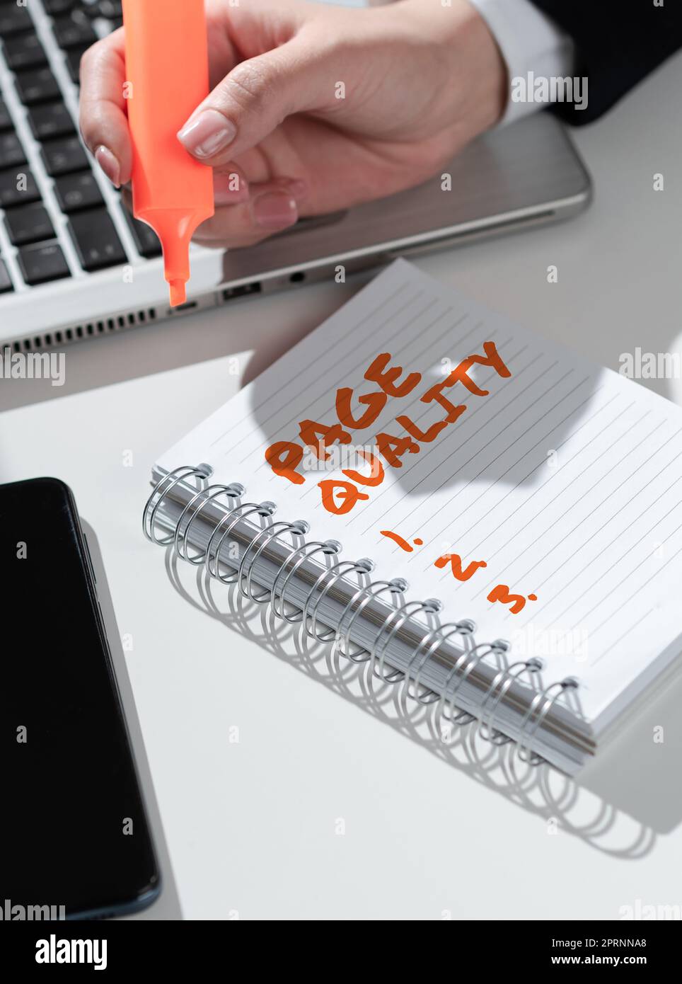 Conceptual caption Page Quality, Word Written on Effectiveness of a website in terms of appearance and function Stock Photo