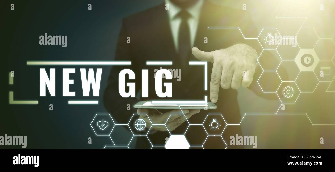 Text caption presenting New Gig, Business showcase getting job