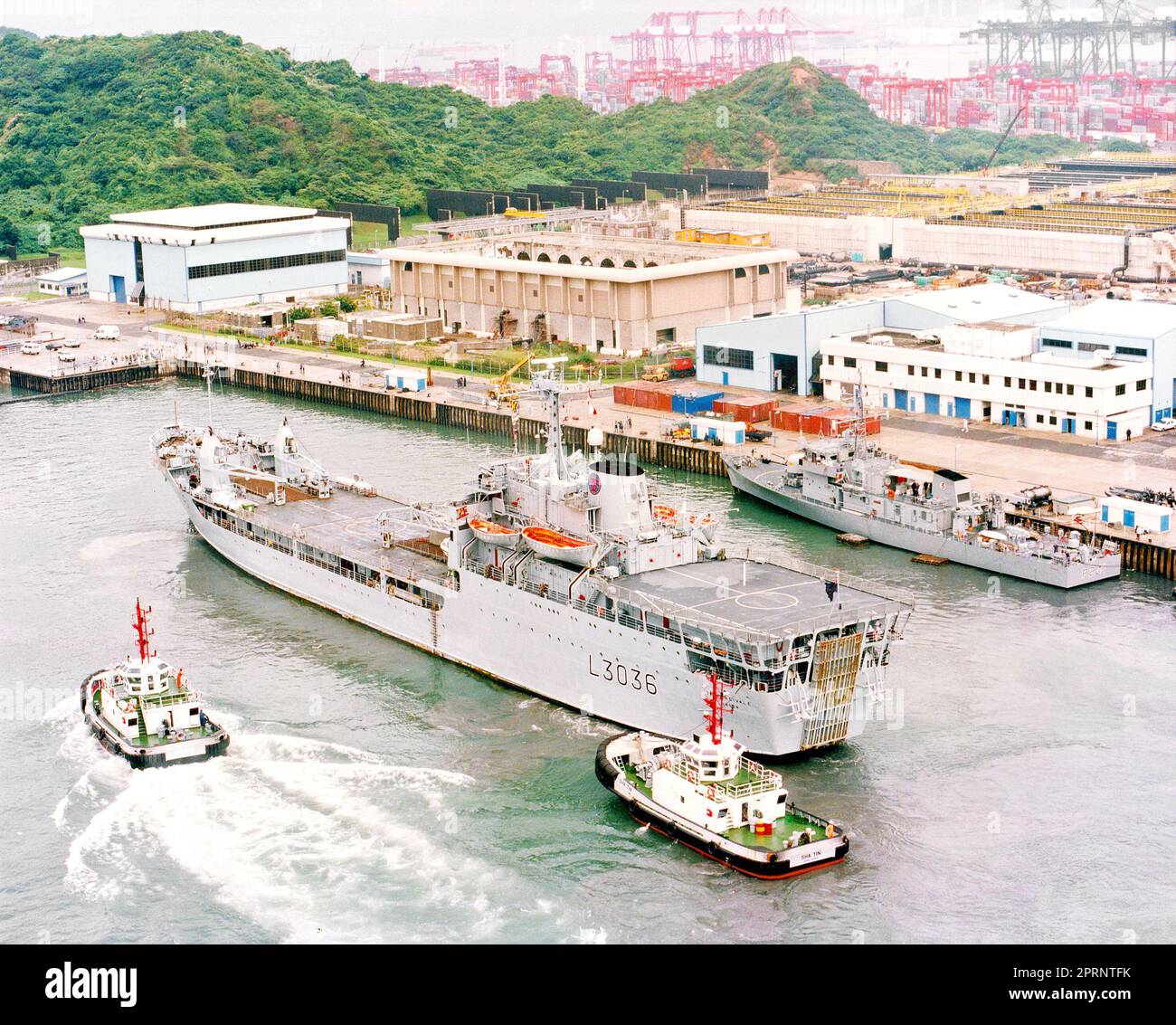 Royal Fleet Auxiliary ship RFA Sir Percivale arrives in Hong Kong in June 1997 to assist with the British withdrawal from Hong Kong. Stock Photo