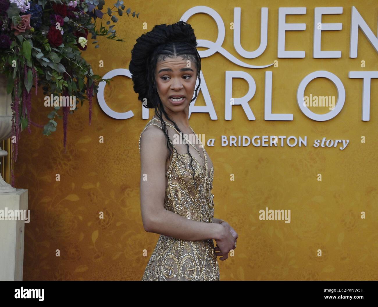 Los Angeles, United States. 26th Apr, 2023. Cast member India Amarteifio  attends the premiere of the Netflix TV series "Queen Charlotte: A  Bridgerton Story" at the Regency Village Theatre in Los Angeles