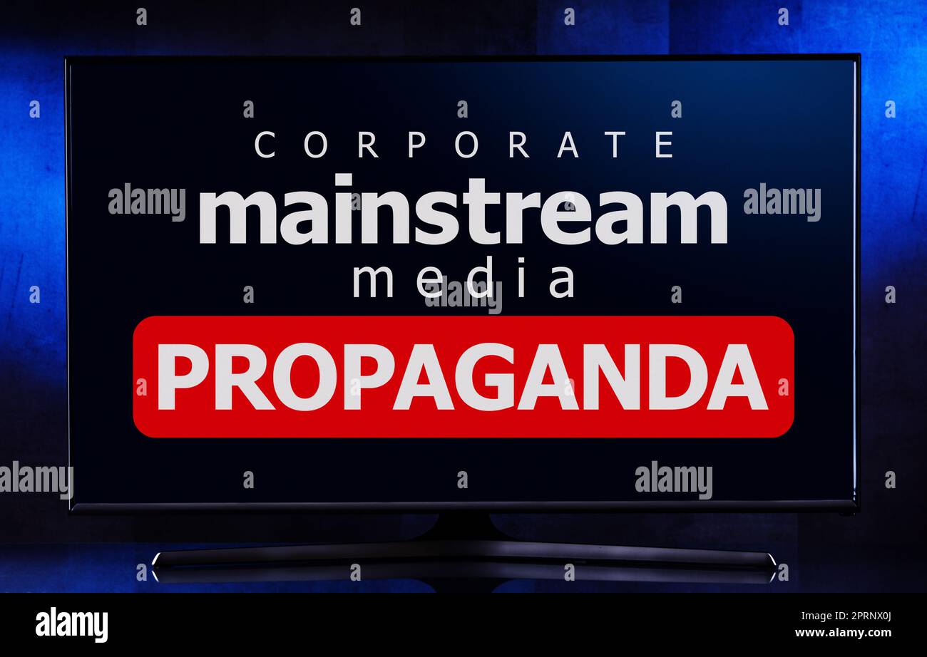 A flatscreen TV set displaying the watchword mainstream media propaganda Stock Photo Alamy