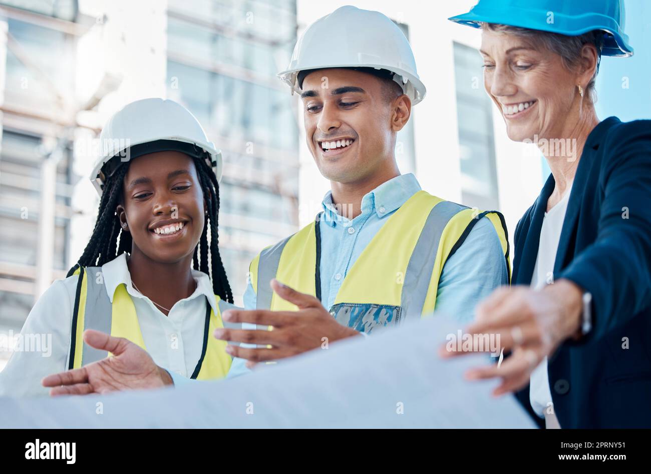 Architect team, blueprint and meeting for construction planning, discussion or collaboration on