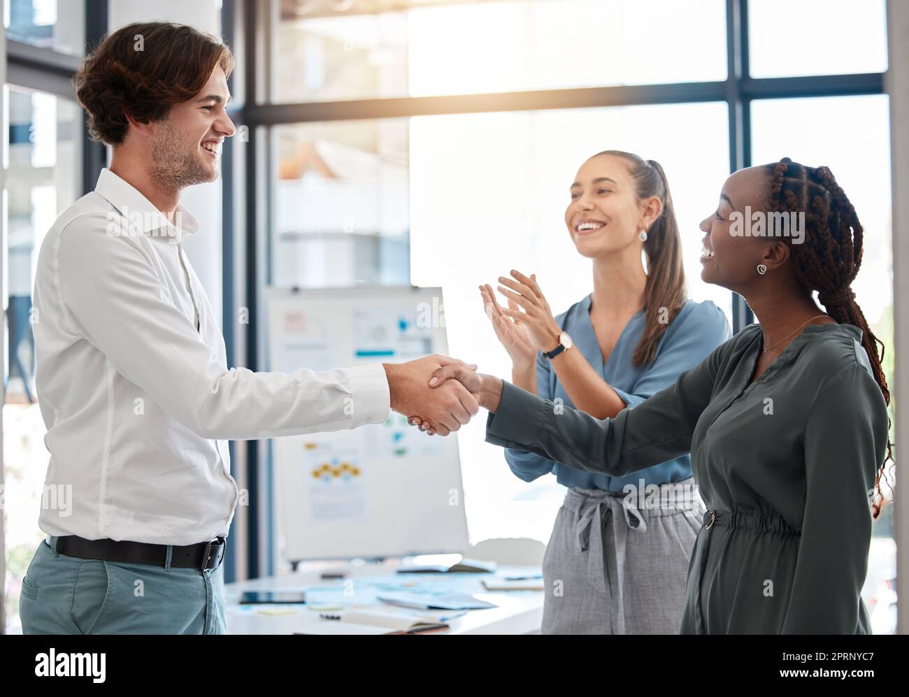 Diversity B2B collaboration and business people handshake for promotion, congratulation on company innovation, or success with applause. Black woman manager shaking hands of man for thank you gesture Stock Photo