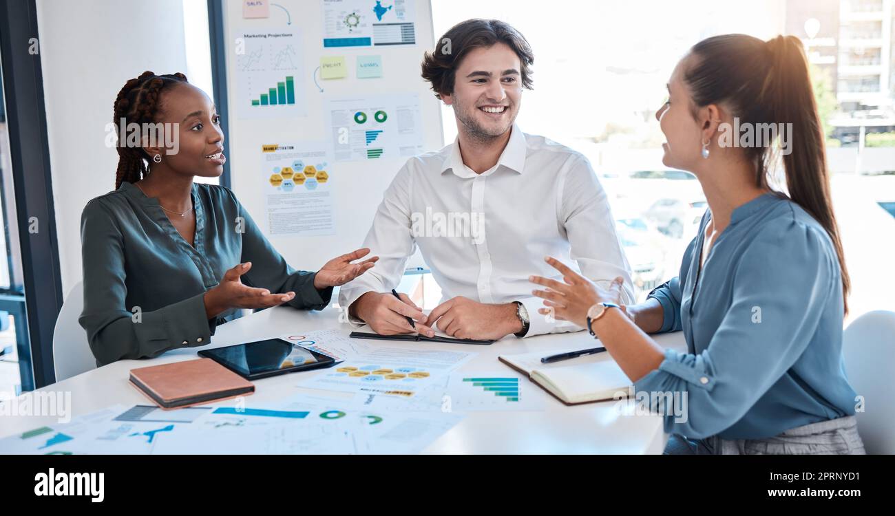 Digital marketing, seo and business meeting with team of young, sales and happy advertising group. Chart, diversity and global collaboration for branding goals, creative and mission of the company Stock Photo