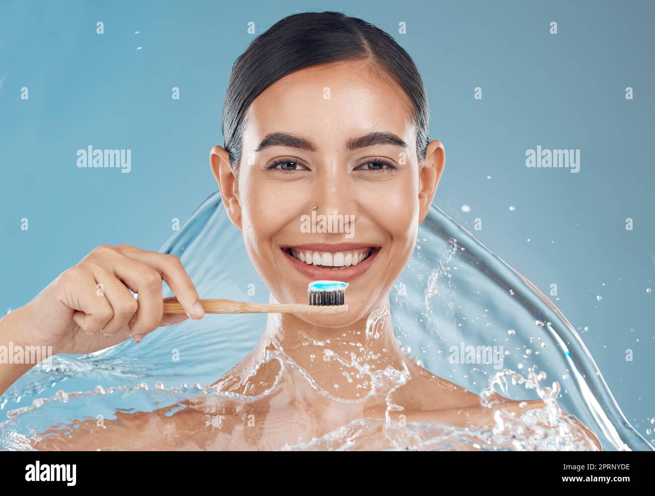 Woman brushing teeth, water splash and toothbrush, toothpaste and dental cleaning of mouth