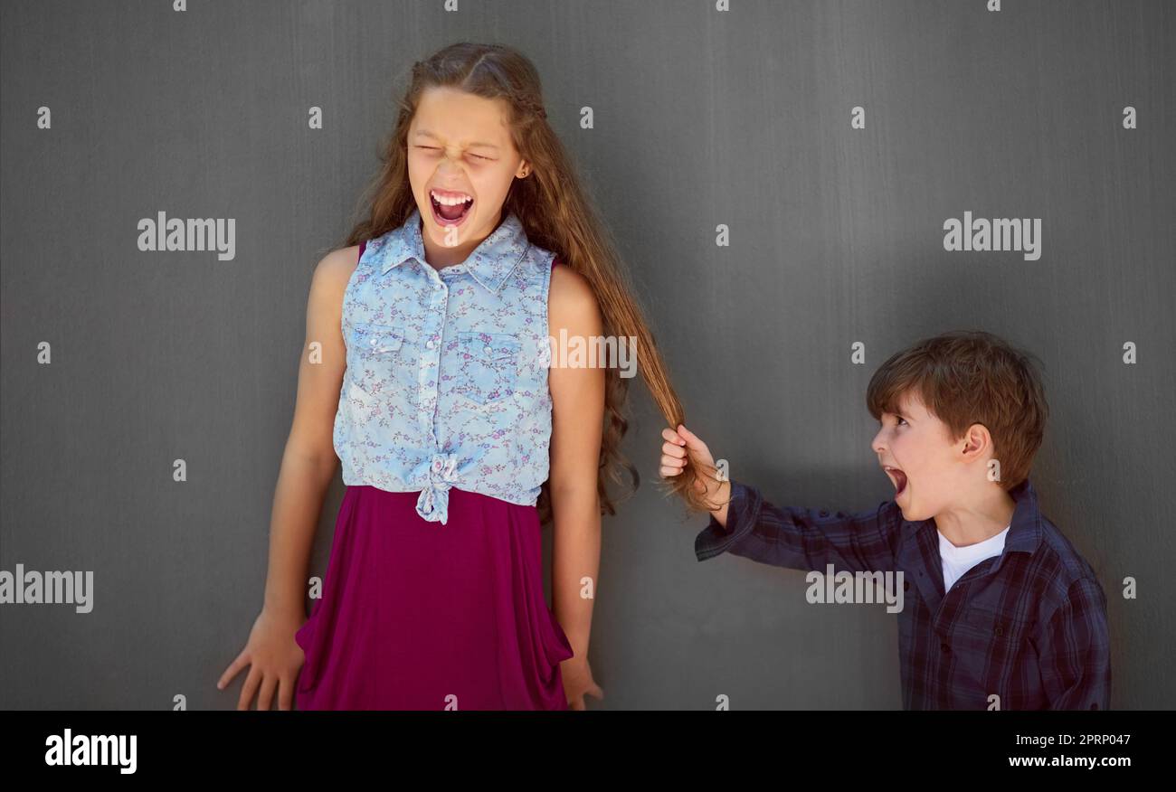 Im gonna tell Mom. a young boy pulling his sisters hair against a gray background. Stock Photo