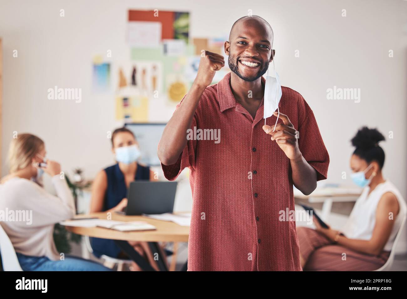 Face mask, excited business man and covid compliance portrait with motivation vision to stop global danger virus. Smile, happy and success for black office businessman in end of pandemic celebration Stock Photo